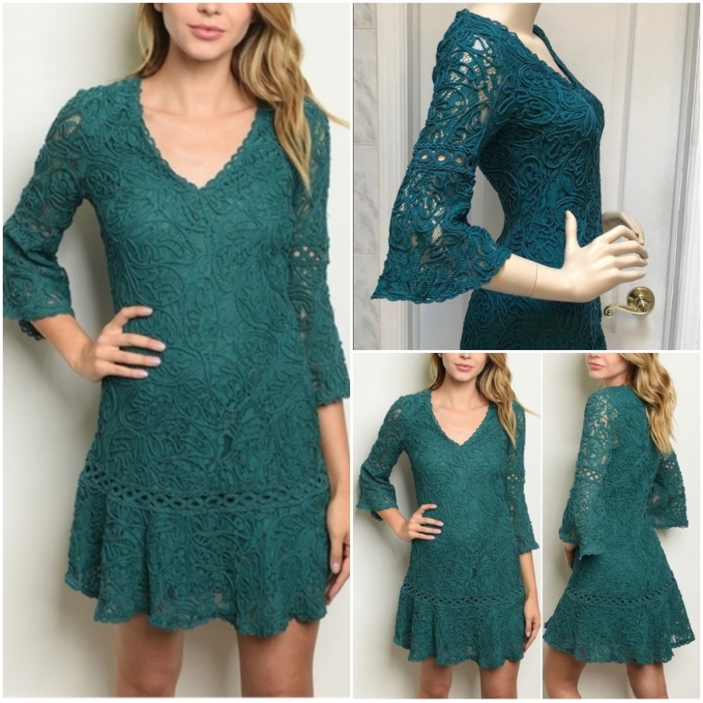 EMERALD GREEN CROCHET V NECK DRESS
